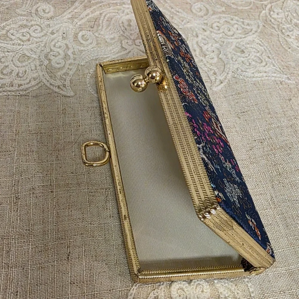 Vintage Slim Reading Eyeglasses Case, Navy Blue Floral Brocade Gold Frame